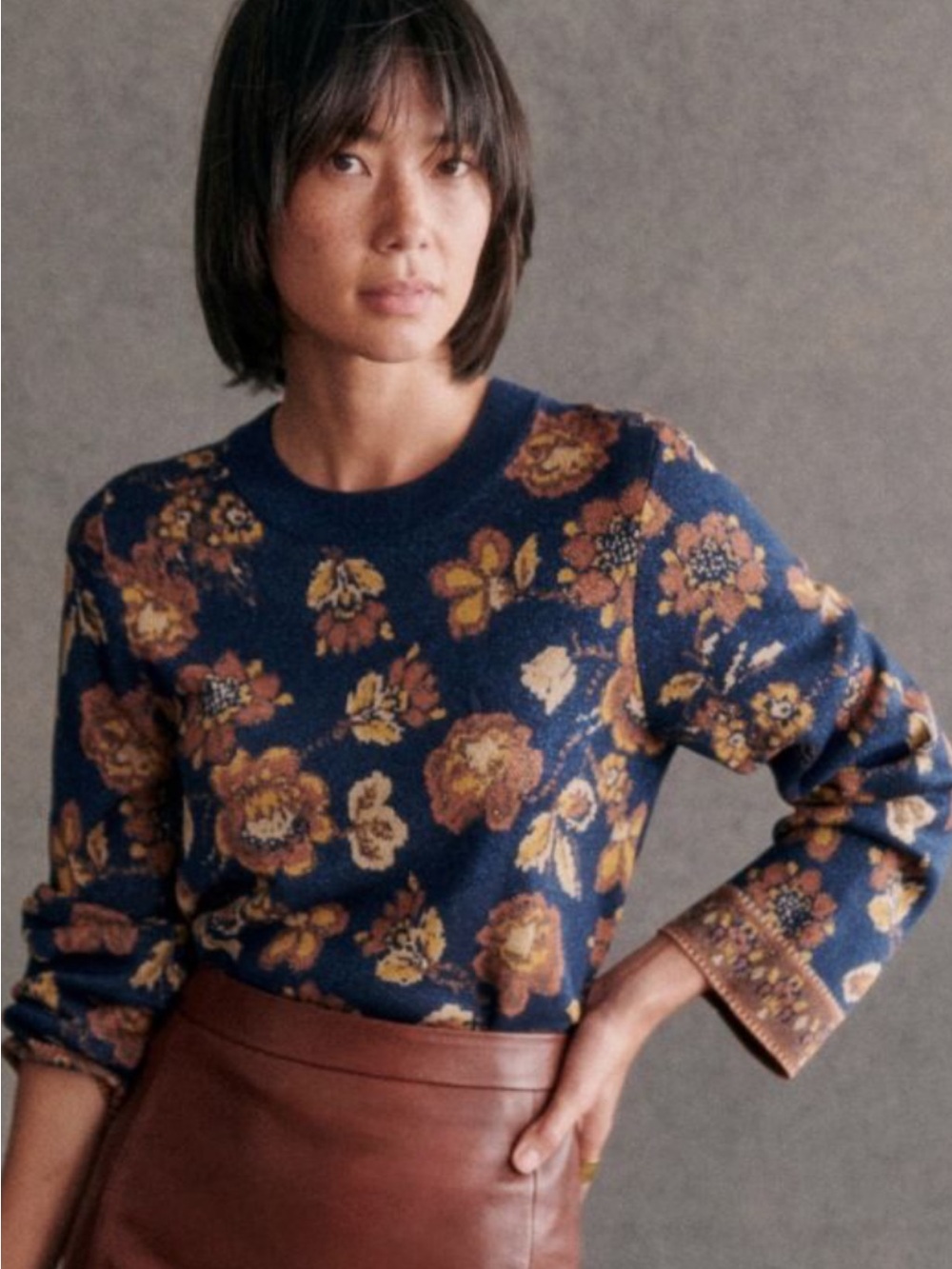Sezane Navy Floral Crewneck Sweater with Mustard & Brown Accents